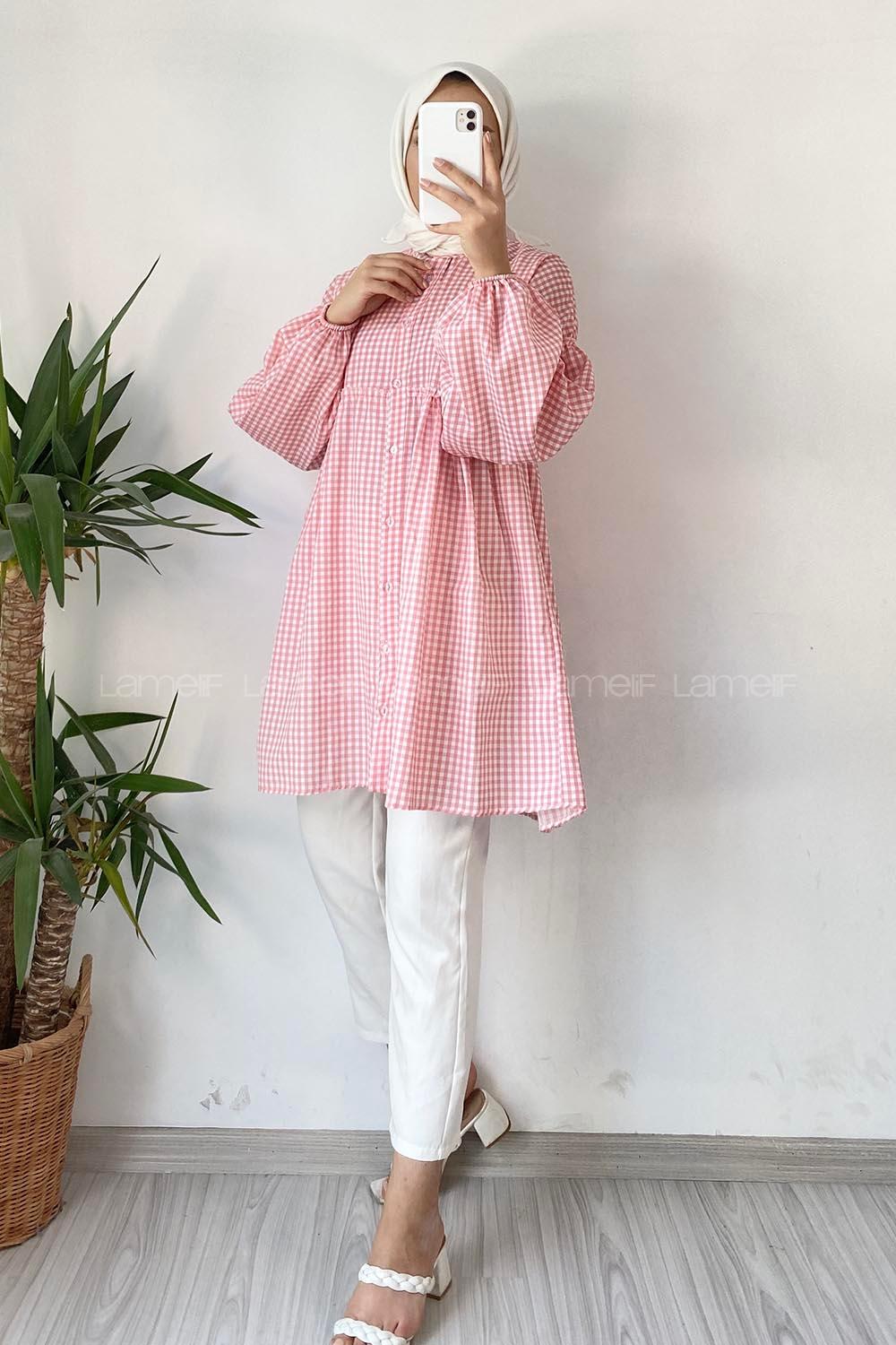 Modalamelif Yaka Fırfırlı Ekose Tunik Pudra