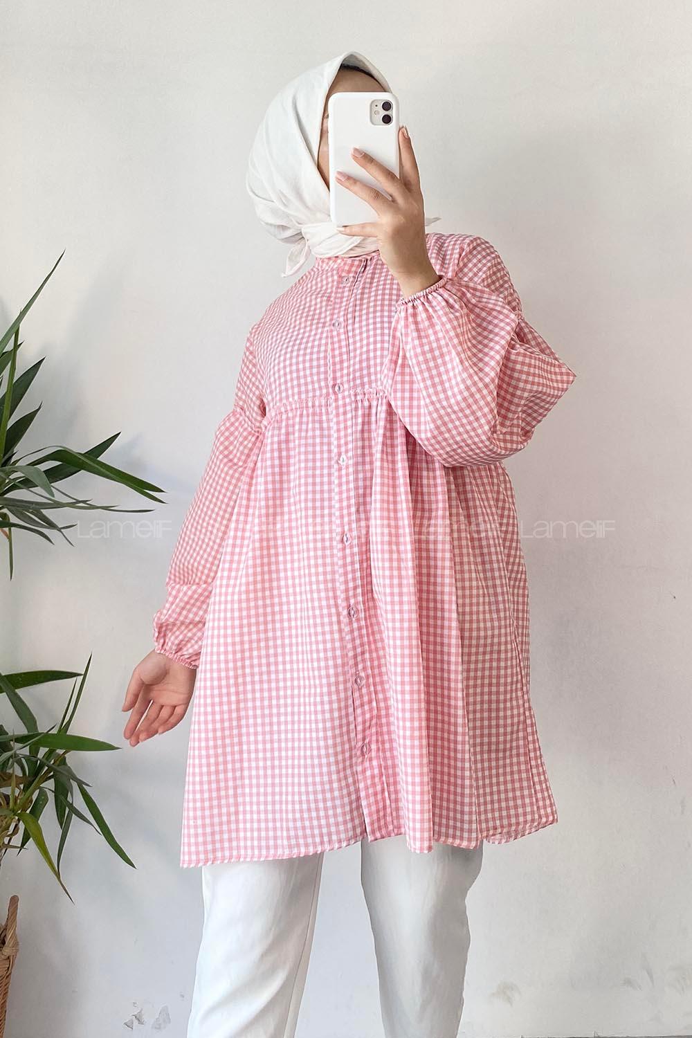 Modalamelif Yaka Fırfırlı Ekose Tunik Pudra