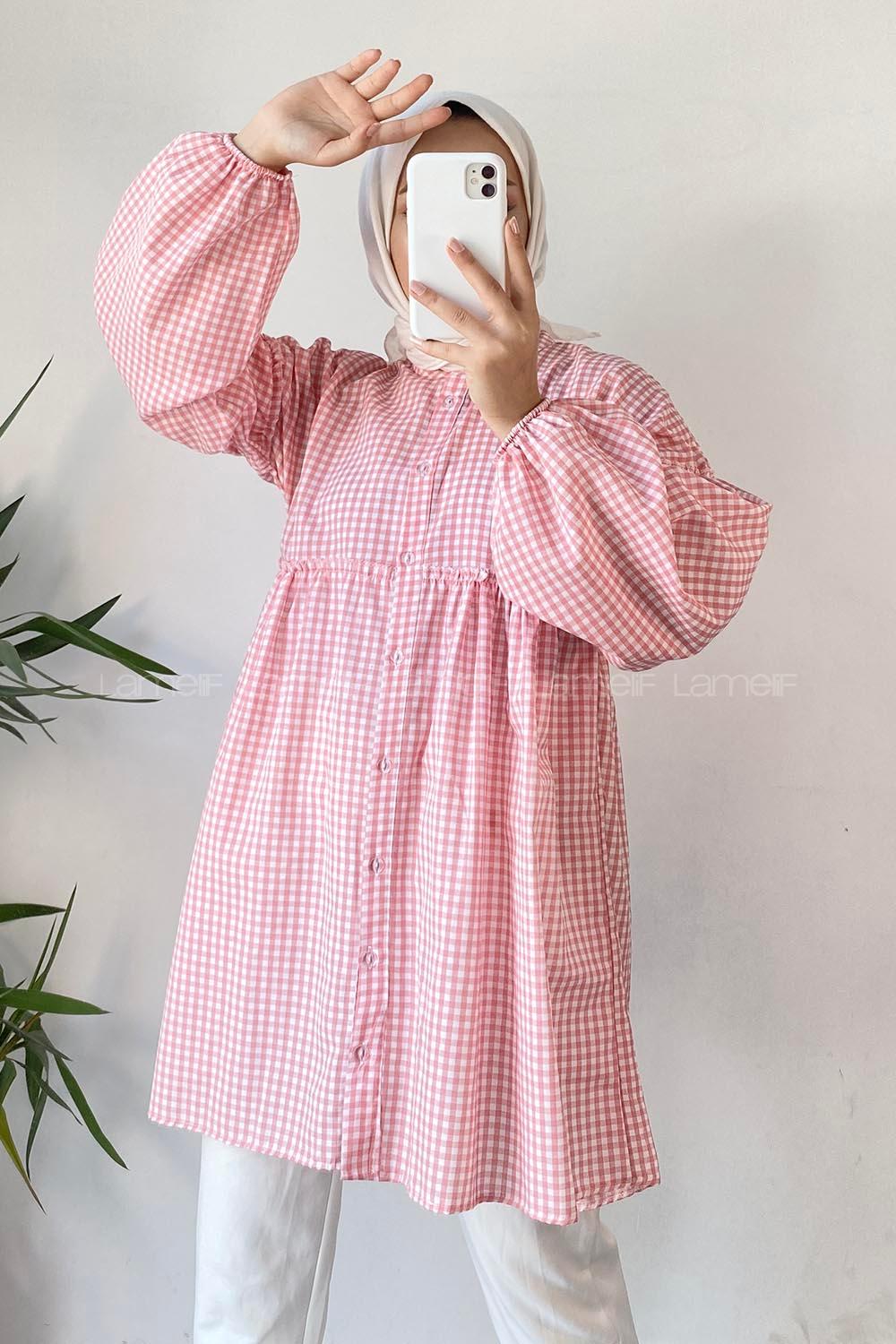 Modalamelif Yaka Fırfırlı Ekose Tunik Pudra