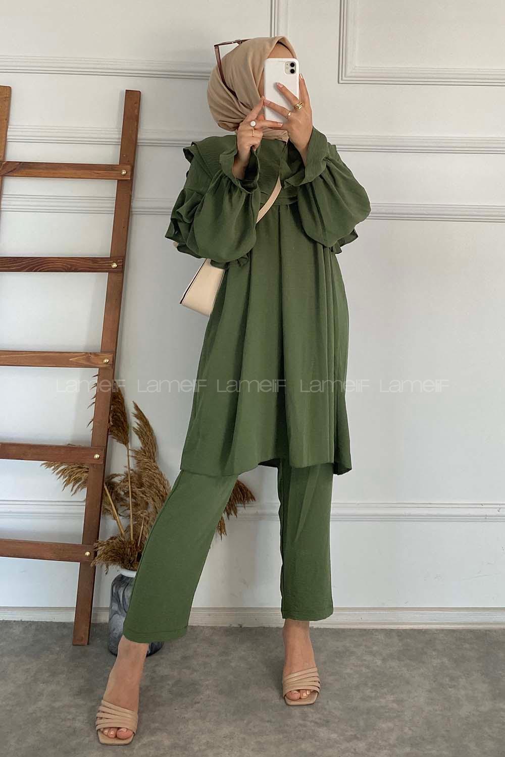 Khaki Medium Crew Neck Long Arm Without Accessories Cotton Fabric Regular Trousers Comfortable Suit