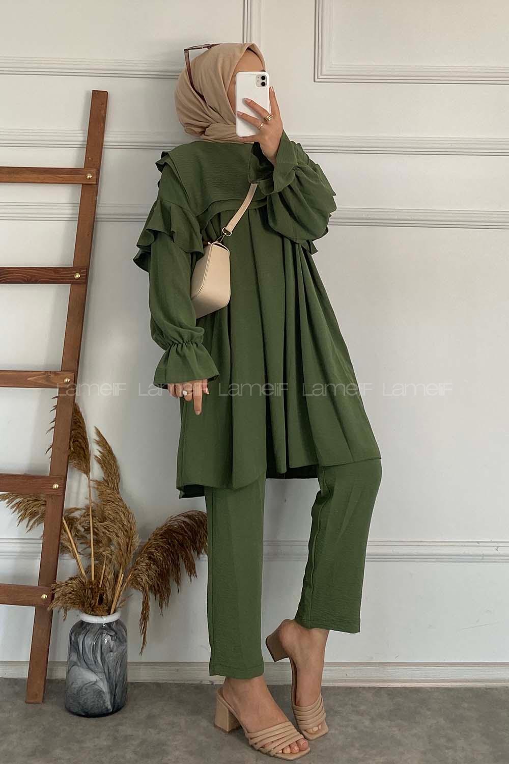 Khaki Medium Crew Neck Long Arm Without Accessories Cotton Fabric Regular Trousers Comfortable Suit