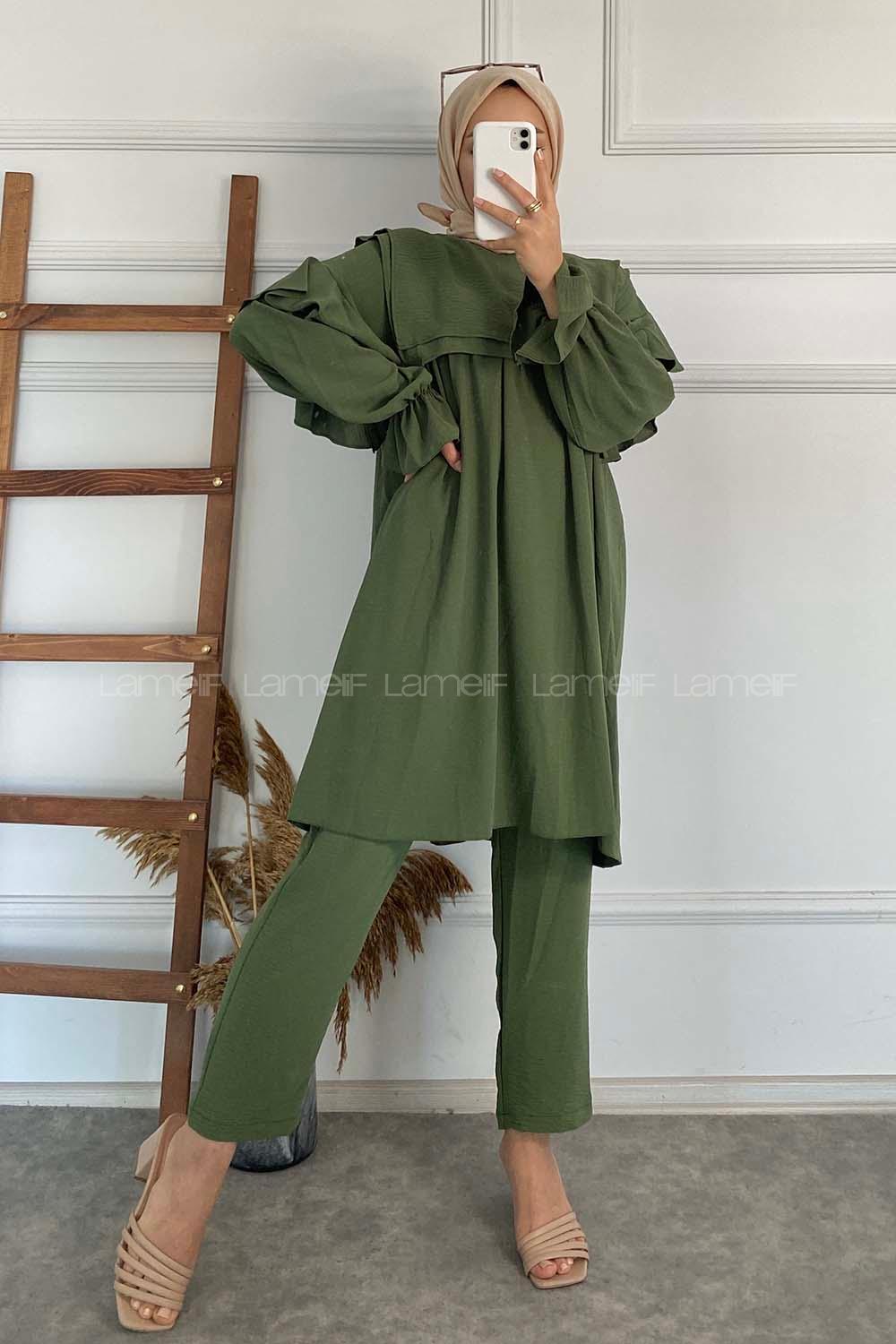 Khaki Medium Crew Neck Long Arm Without Accessories Cotton Fabric Regular Trousers Comfortable Suit