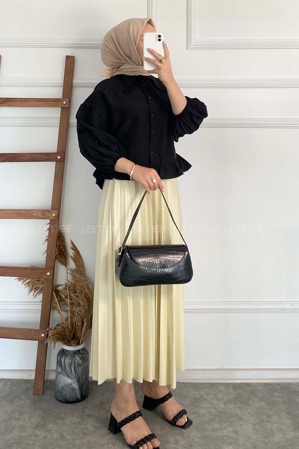 kası Dantel Detaylı Balon Kol Bluz Siyah