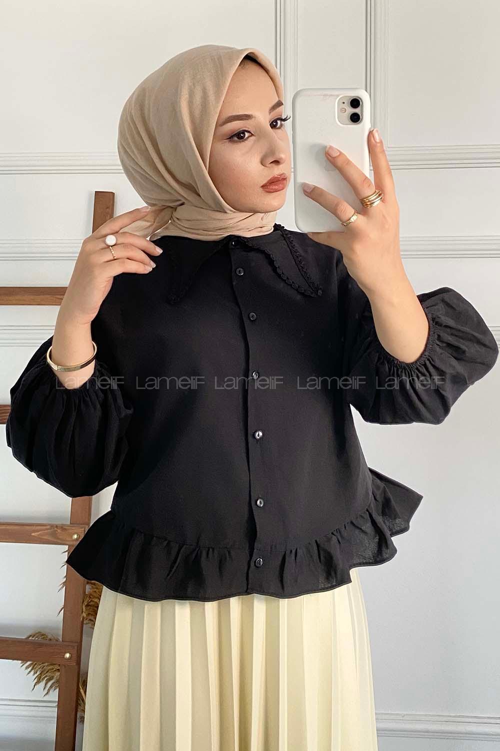 kası Dantel Detaylı Balon Kol Bluz Siyah