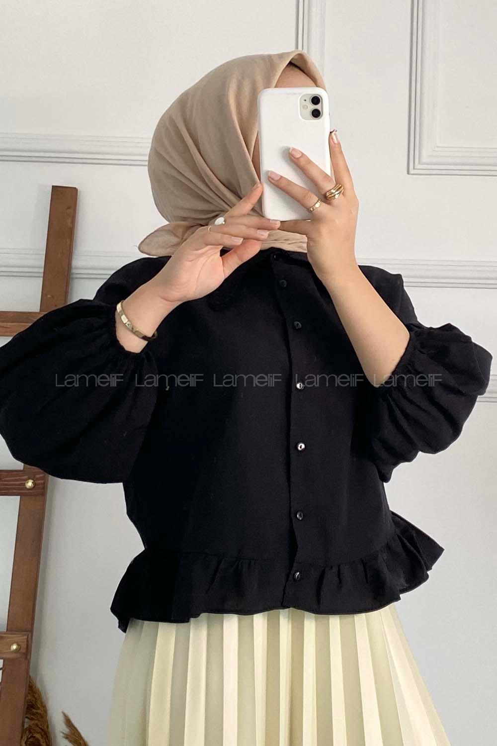 kası Dantel Detaylı Balon Kol Bluz Siyah