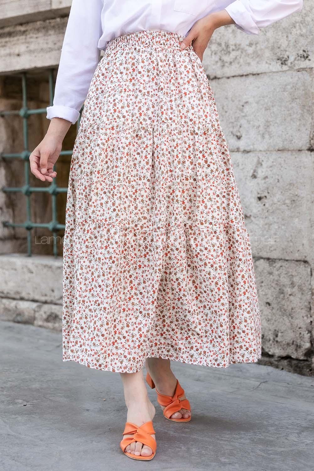 Modalamelif Minimal Çiçek  Fırfırlı Desenli Etek Ekru-Vizonrengi