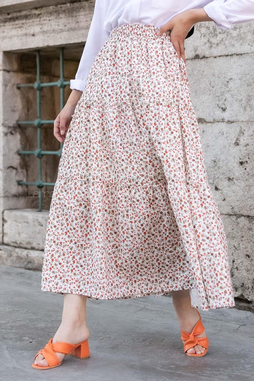 Modalamelif Minimal Çiçek  Fırfırlı Desenli Etek Ekru-Vizonrengi