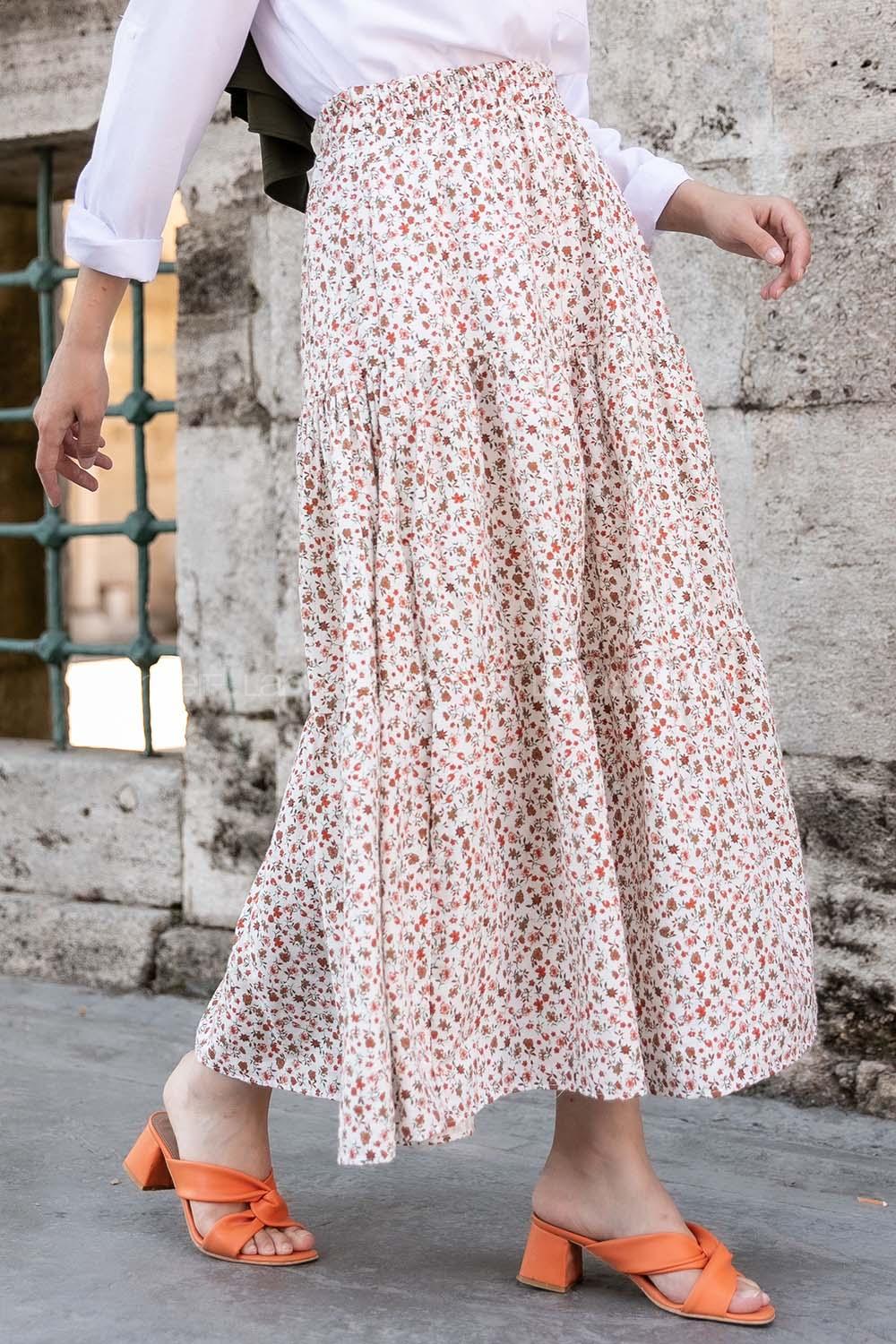 Modalamelif Minimal Çiçek  Fırfırlı Desenli Etek Ekru-Vizonrengi