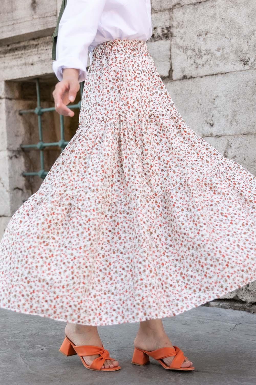 Modalamelif Minimal Çiçek  Fırfırlı Desenli Etek Ekru-Vizonrengi