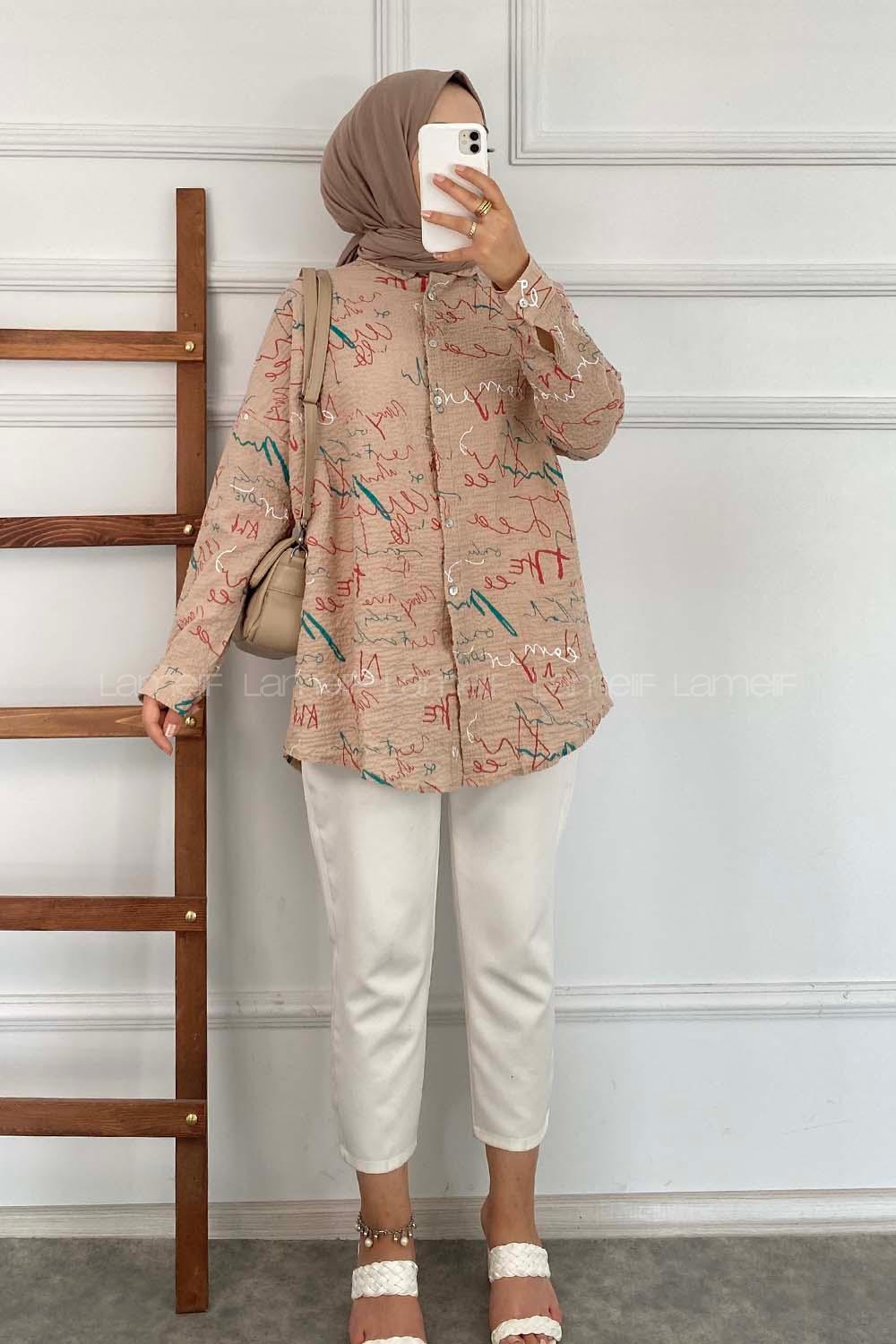 Modalamelif Yazı Baskı Detaylı Gofre Gömlek Sütlü Kahve