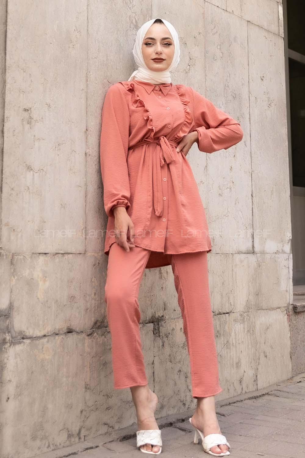 Modalamelif  Önü Fırfırlı İkili Takım Gül Kurusu