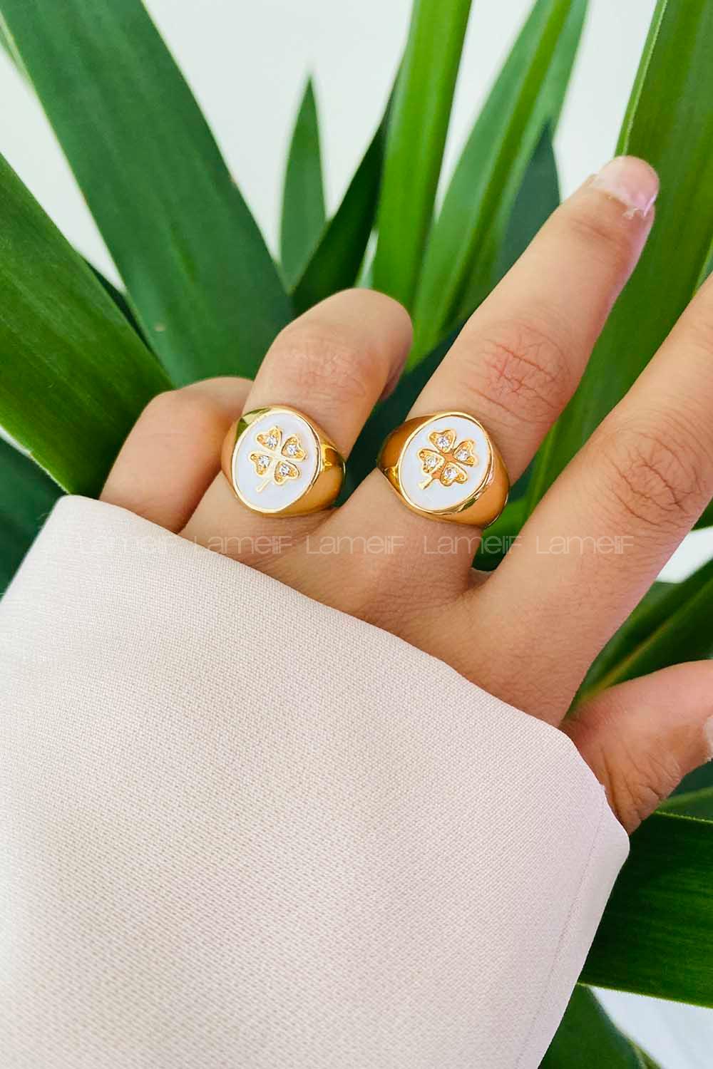 Modalamelif Beyaz Mineli Yonca Yüzük