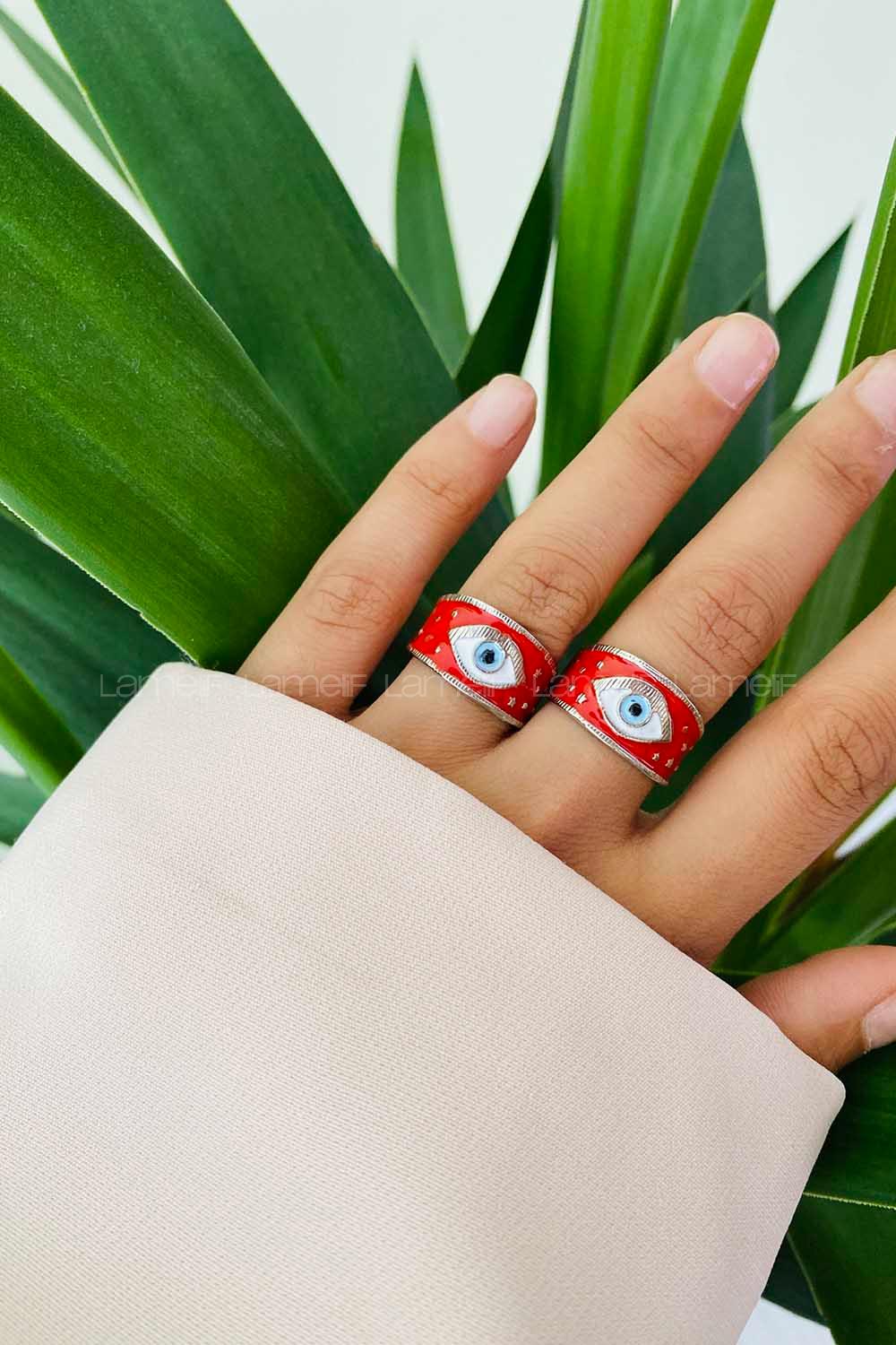 Modalamelif Gümüş Kırmızı Mineli Göz Yüzük