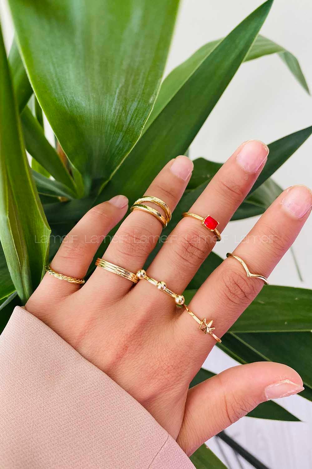 Modalamelif Kırmızı Detay Gold 7li Eklem Yüzük
