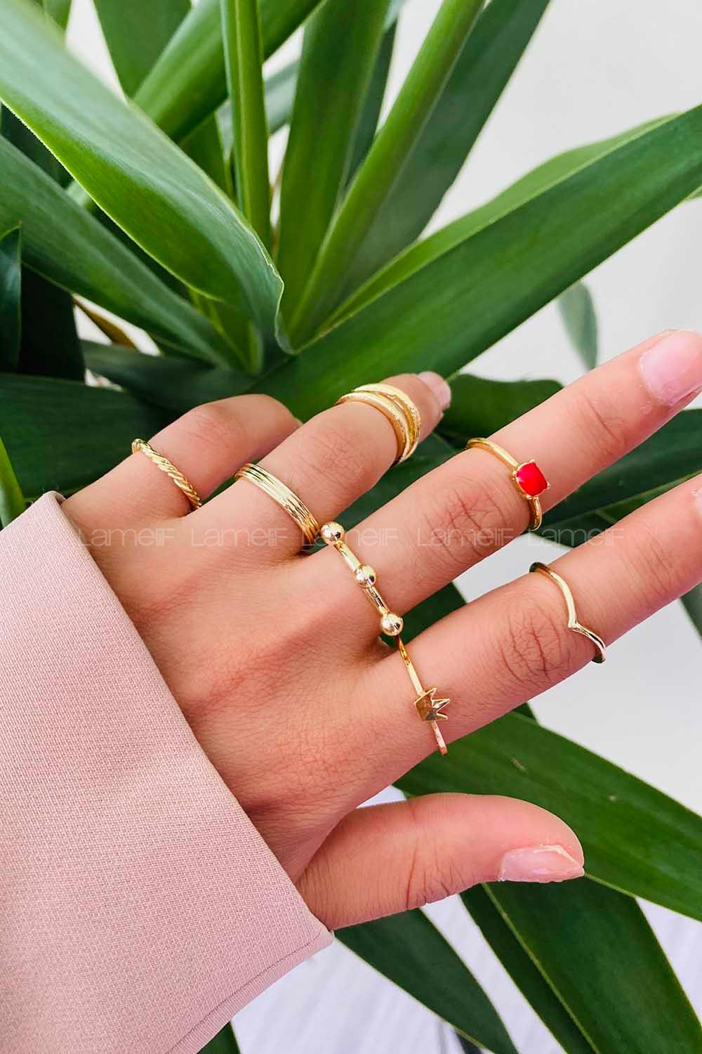 Modalamelif Kırmızı Detay Gold 7li Eklem Yüzük