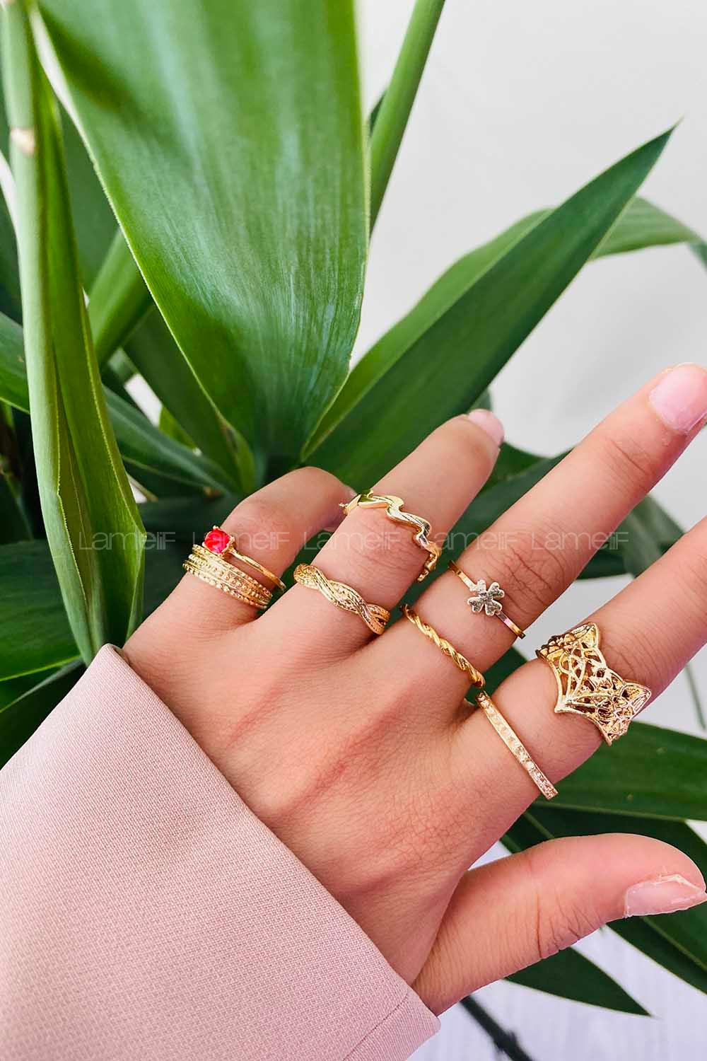 Modalamelif Kırmızı Detay Gold 8li Eklem Yüzük