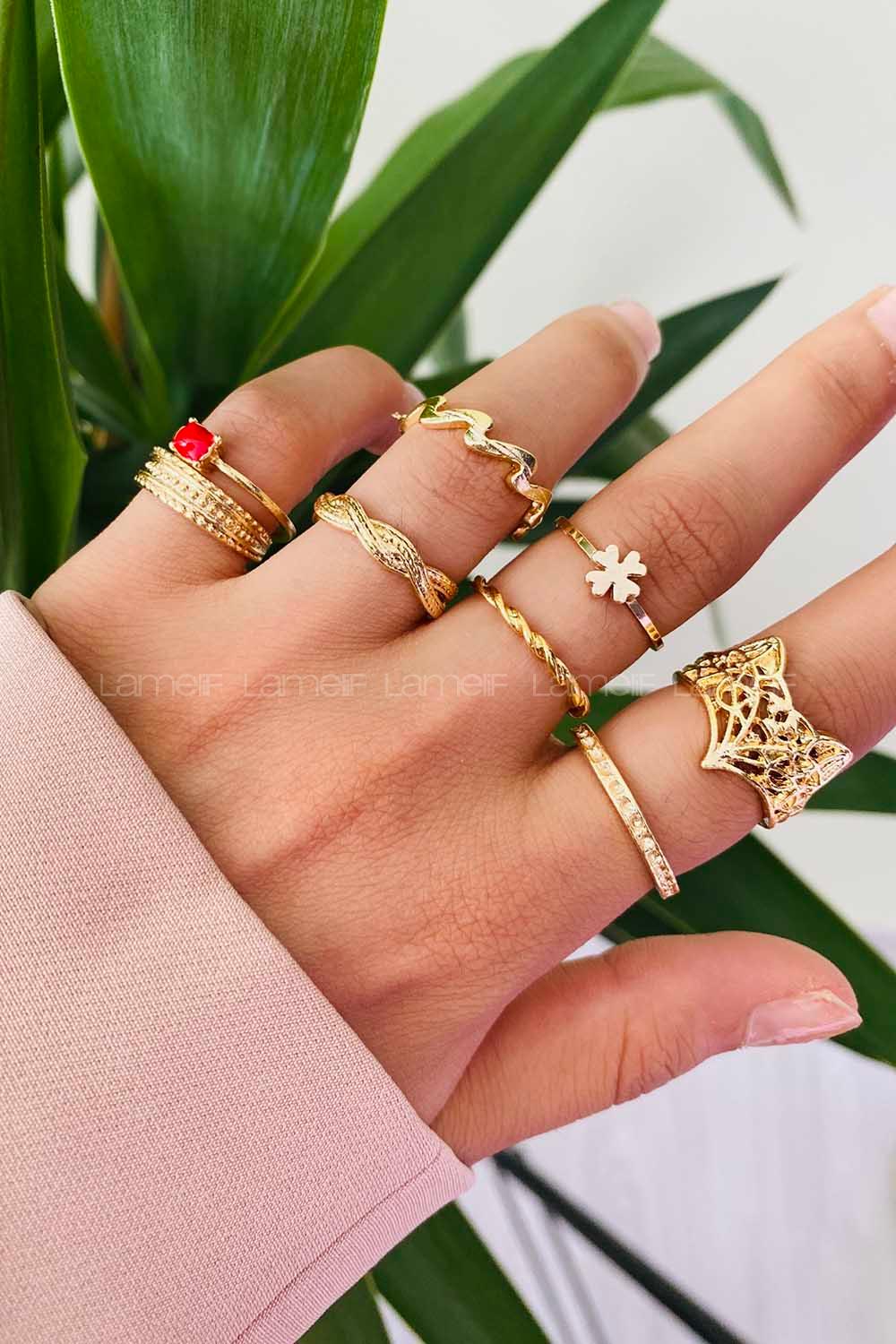 Modalamelif Kırmızı Detay Gold 8li Eklem Yüzük