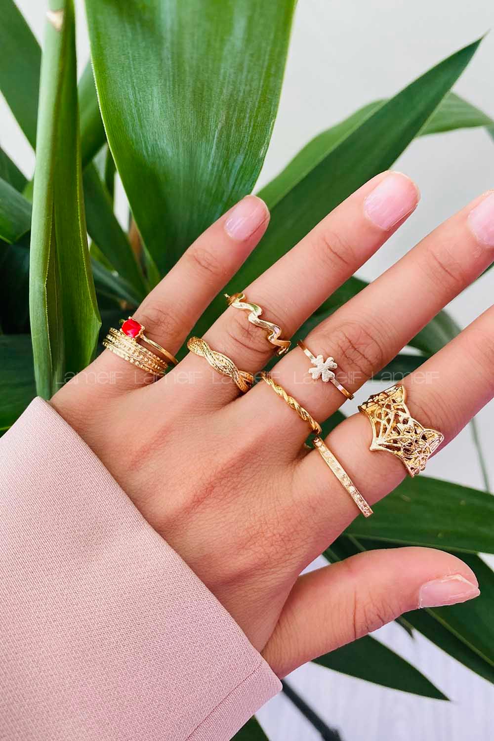 Modalamelif Kırmızı Detay Gold 8li Eklem Yüzük