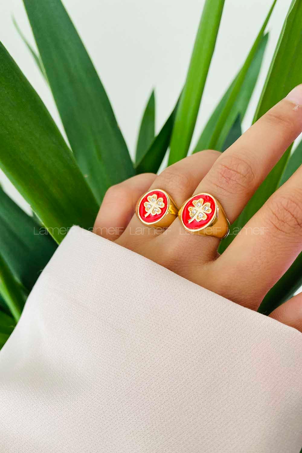 Modalamelif Kırmızı Mineli Yonca Yüzük