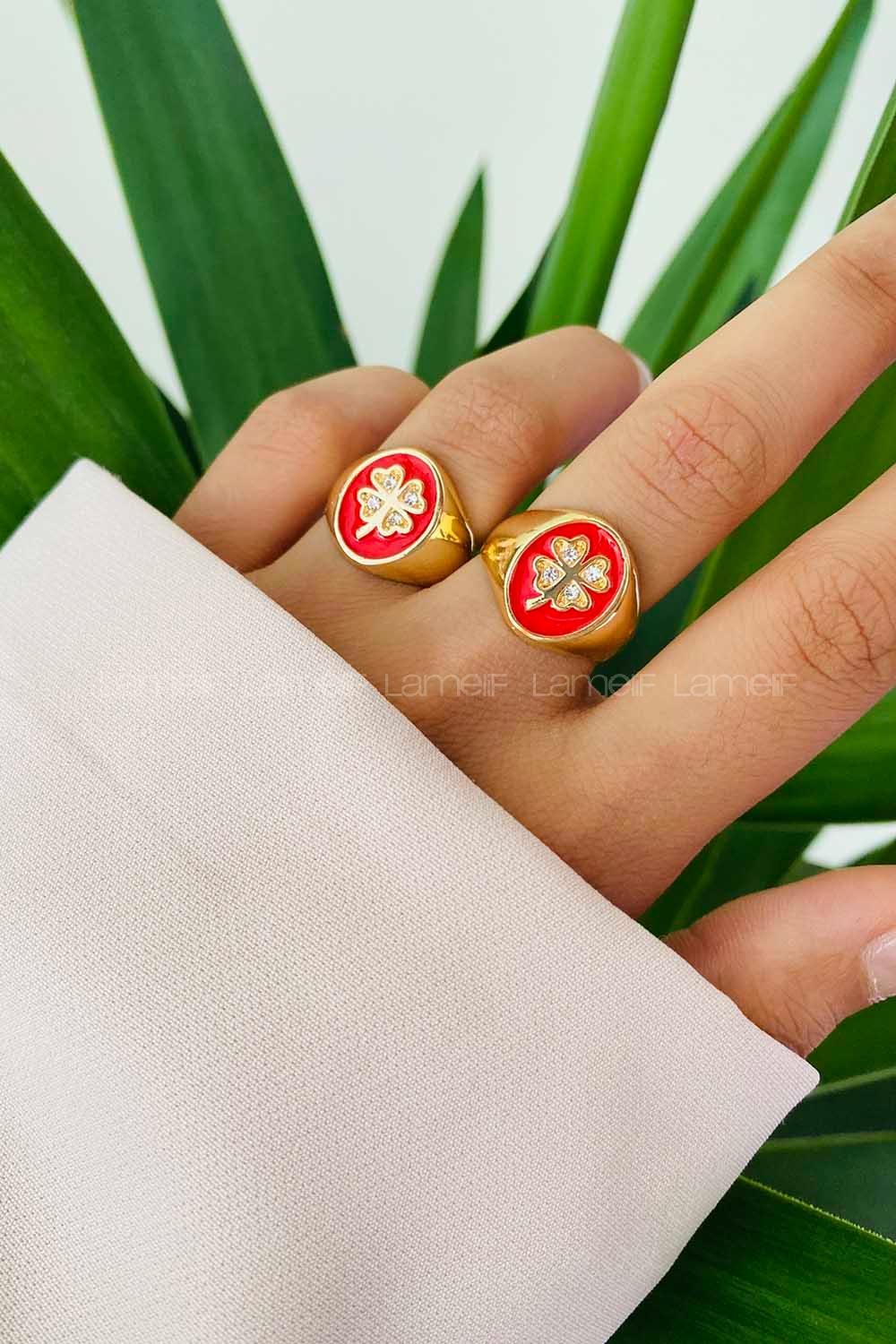 Modalamelif Kırmızı Mineli Yonca Yüzük