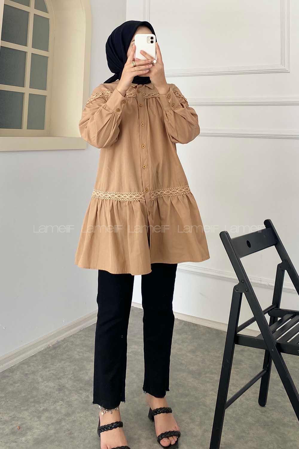 Modalamelif Önü Gizli Düğmeli Boyfriend Gömlek Camel