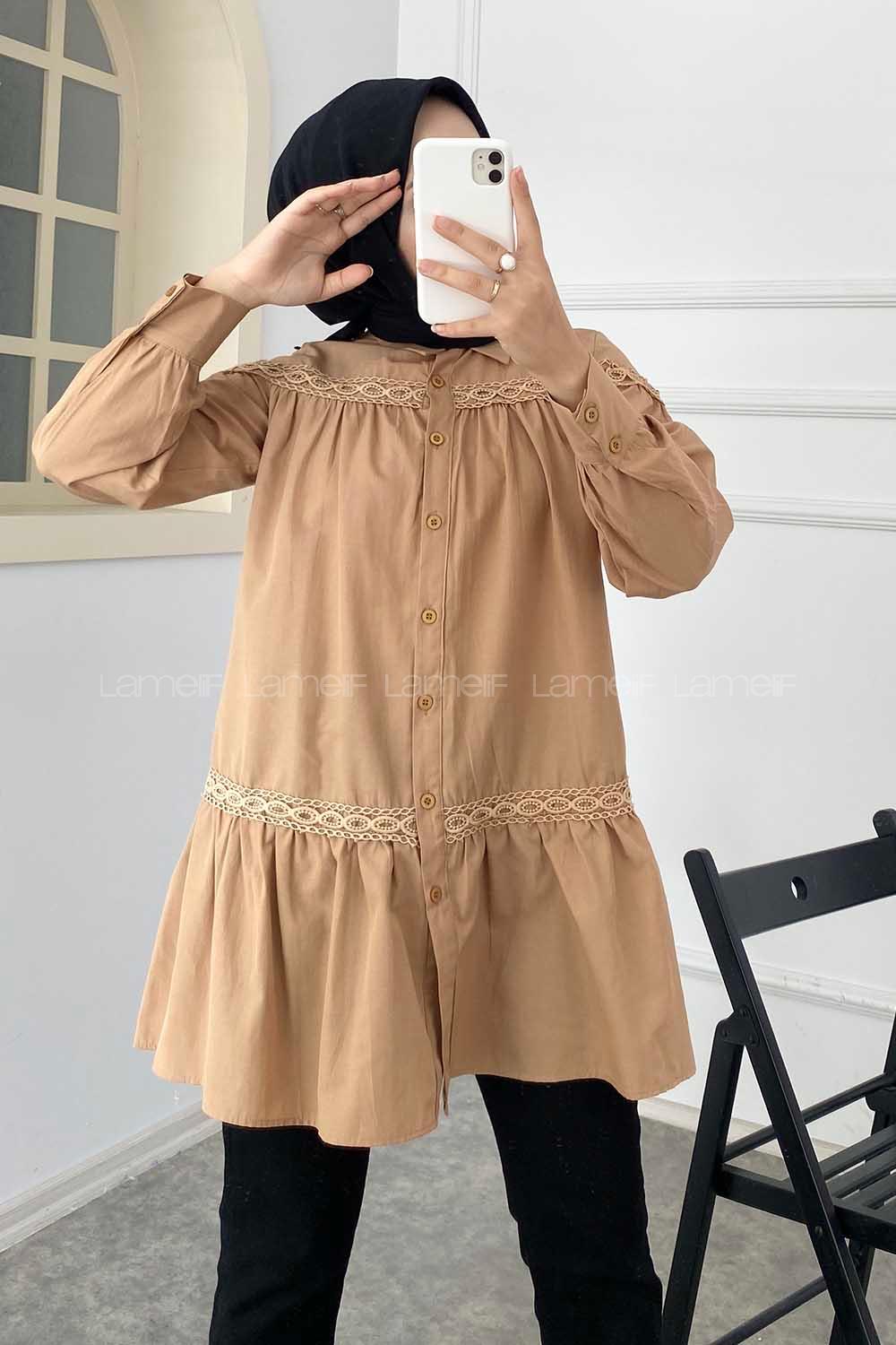 Modalamelif Önü Gizli Düğmeli Boyfriend Gömlek Camel