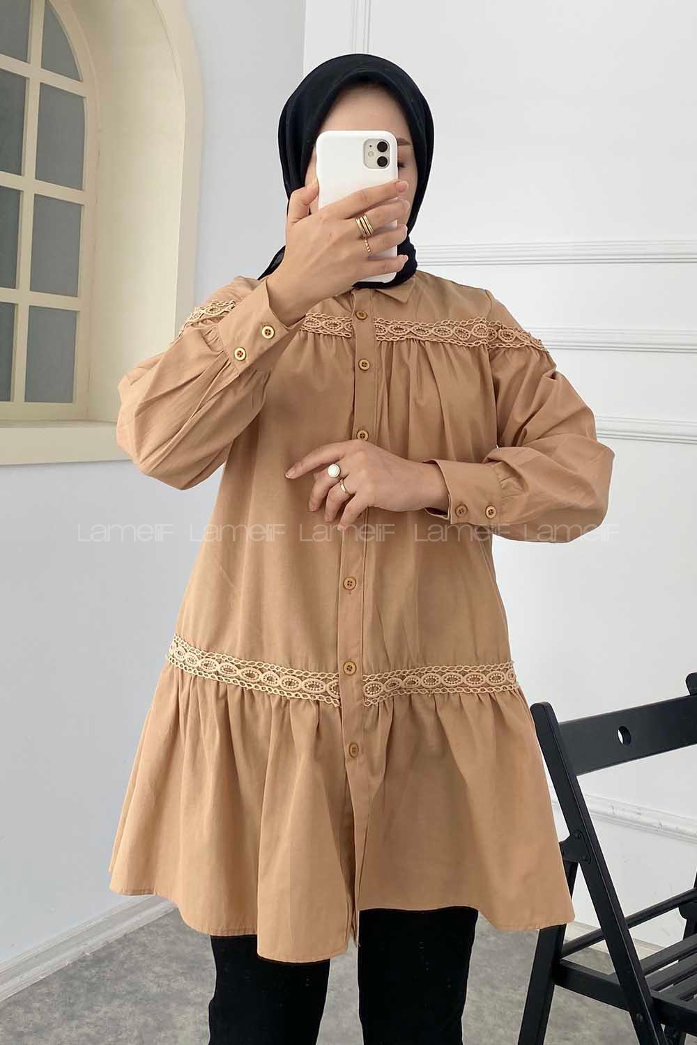 Modalamelif Önü Gizli Düğmeli Boyfriend Gömlek Camel