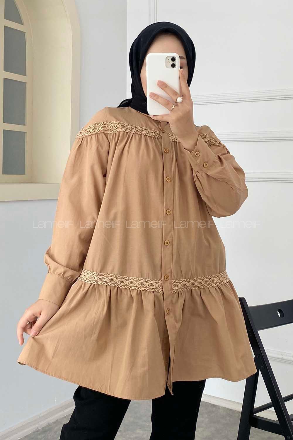 Modalamelif Önü Gizli Düğmeli Boyfriend Gömlek Camel