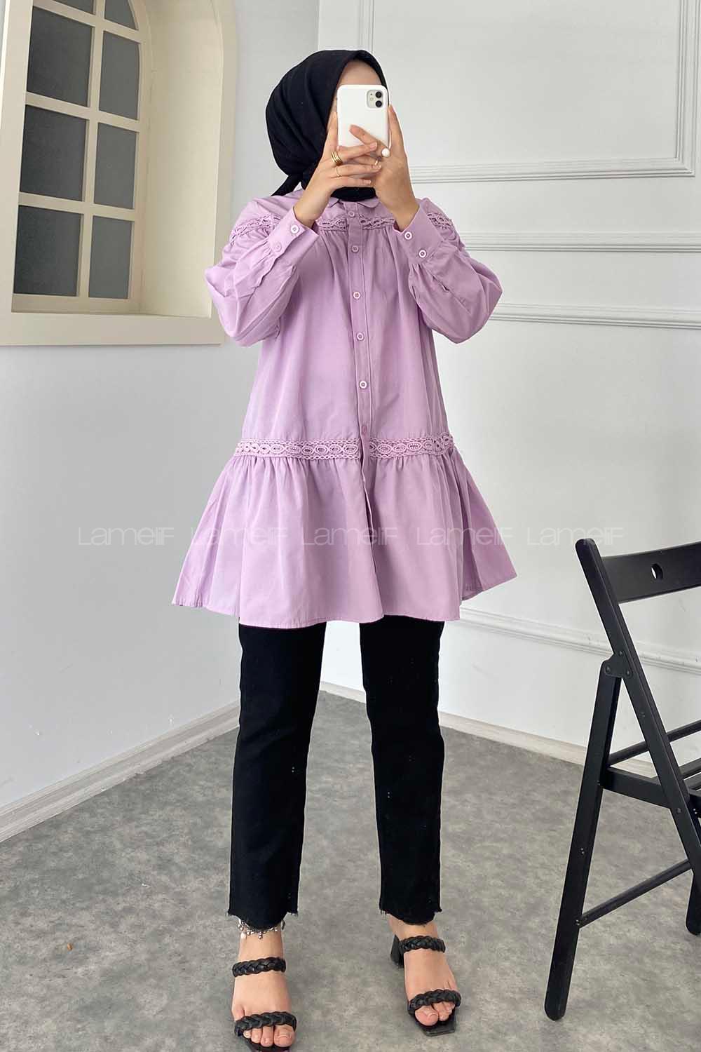 Modalamelif Önü Gizli Düğmeli Boyfriend Gömlek Lila