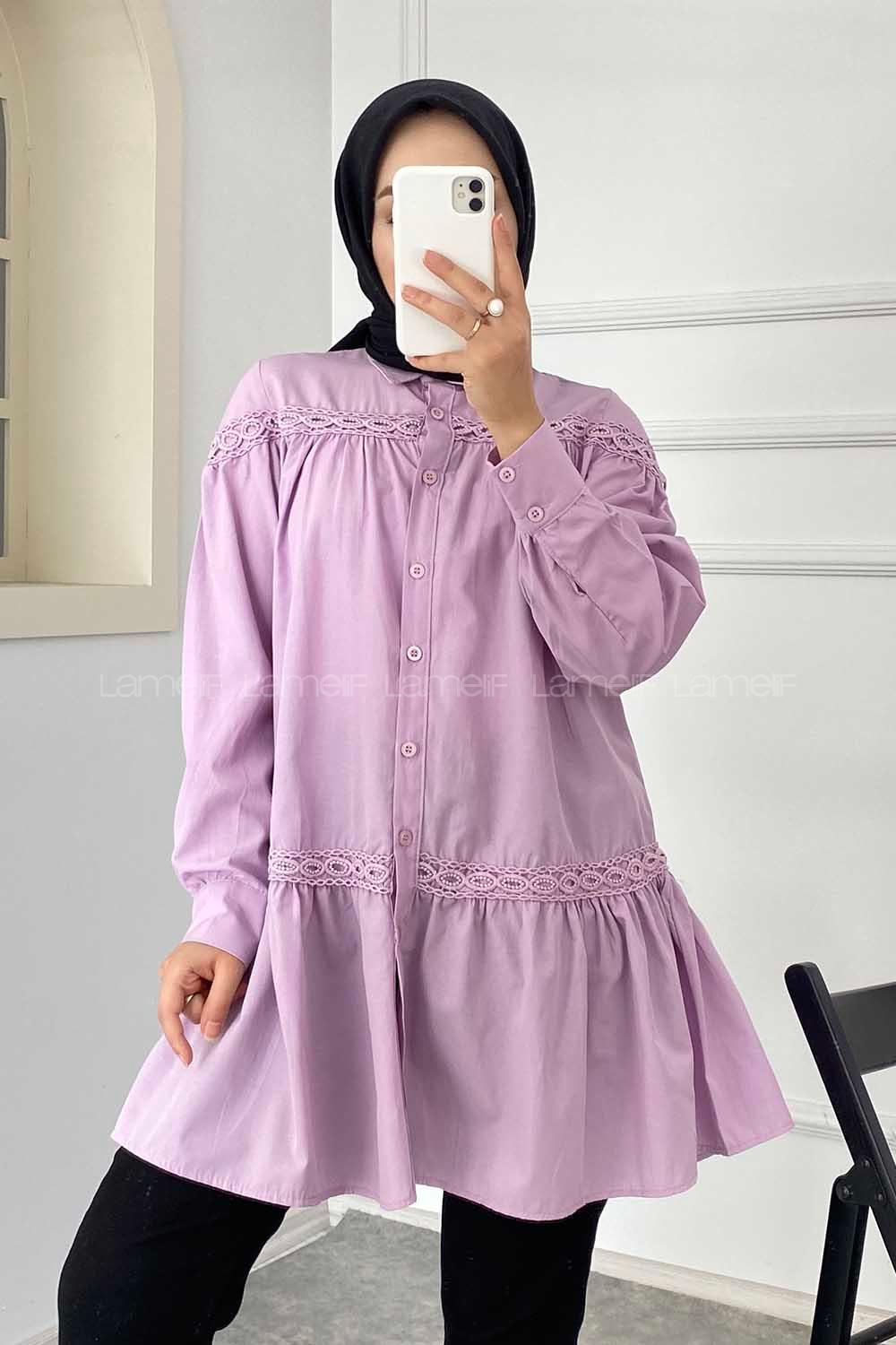 Modalamelif Önü Gizli Düğmeli Boyfriend Gömlek Lila