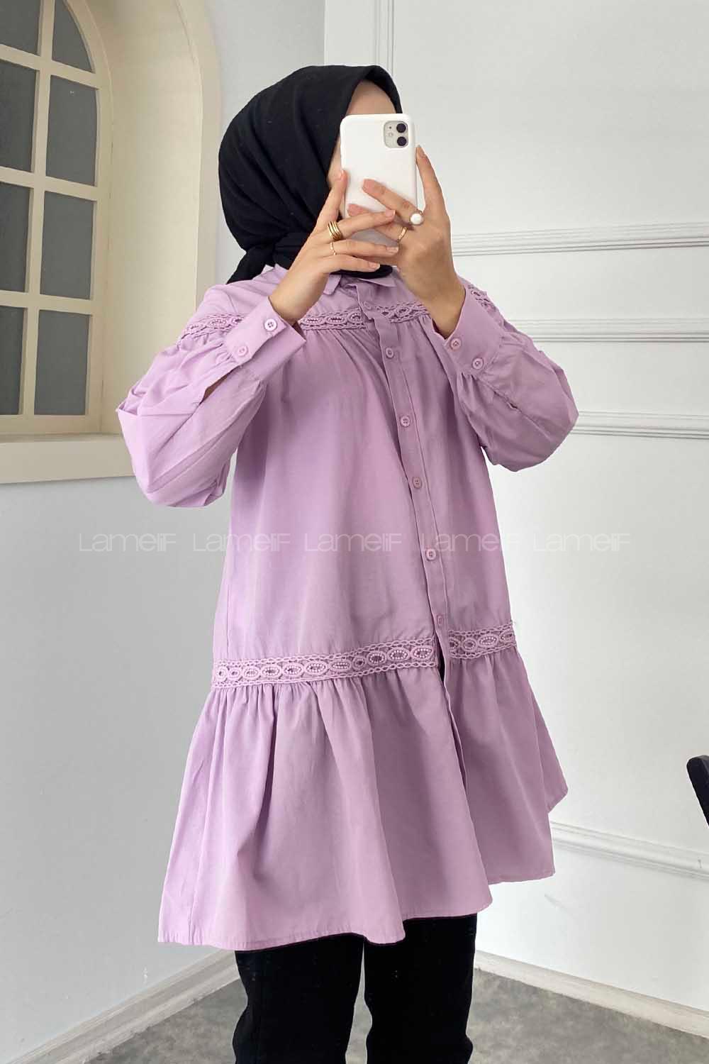 Modalamelif Önü Gizli Düğmeli Boyfriend Gömlek Lila