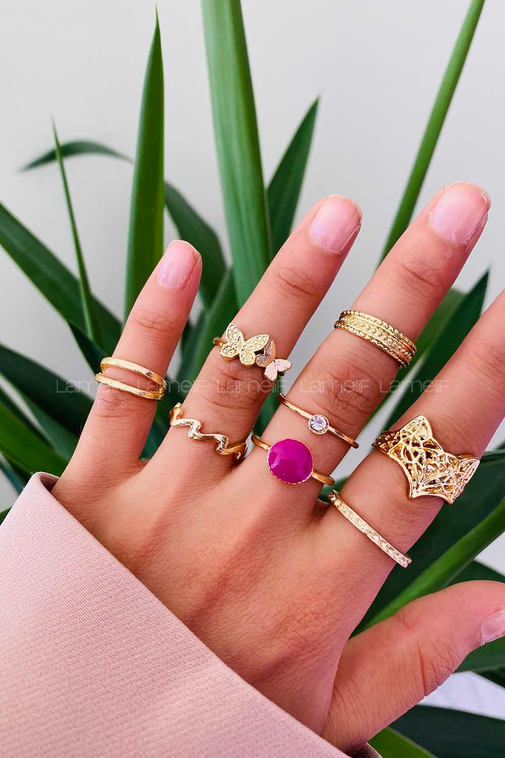 Modalamelif Pembe Detay Gold 8li Eklem Yüzük