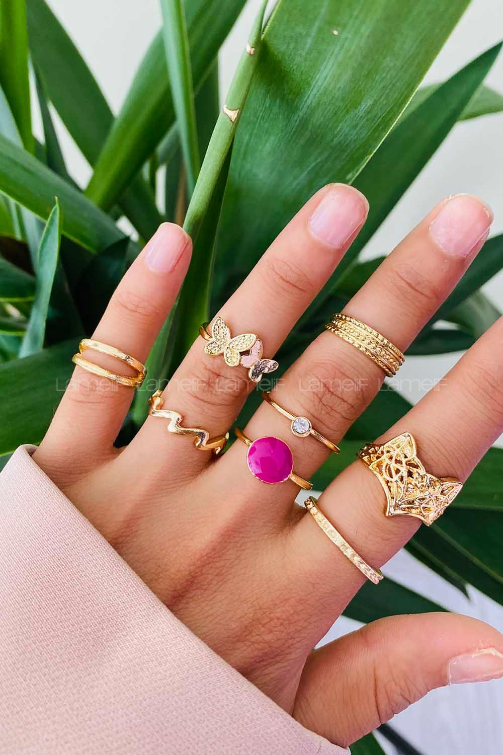 Modalamelif Pembe Detay Gold 8li Eklem Yüzük