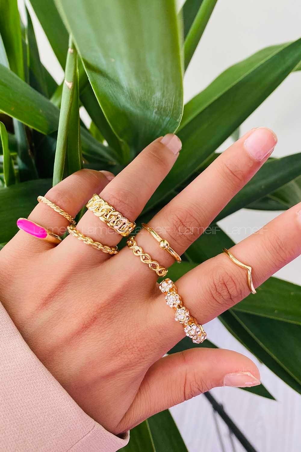 Modalamelif Pembe Detay Gold 8li Eklem Yüzük