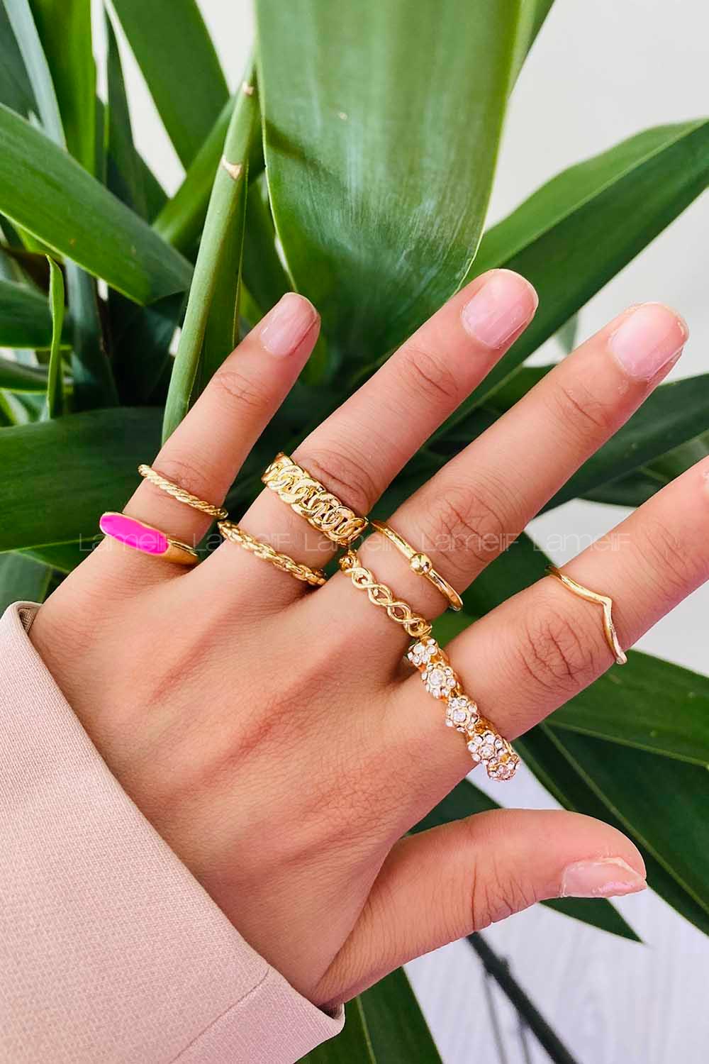 Modalamelif Pembe Detay Gold 8li Eklem Yüzük