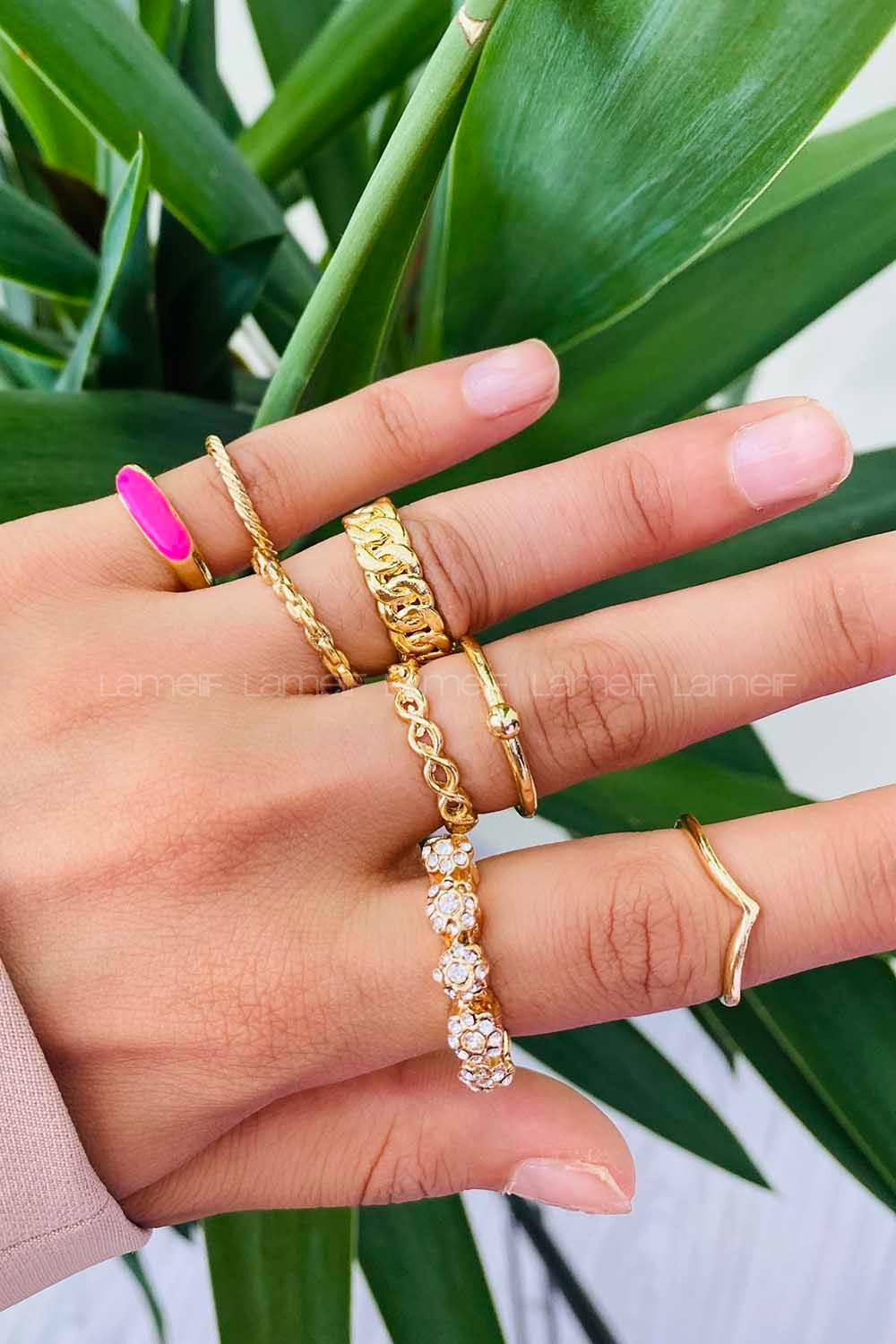 Modalamelif Pembe Detay Gold 8li Eklem Yüzük