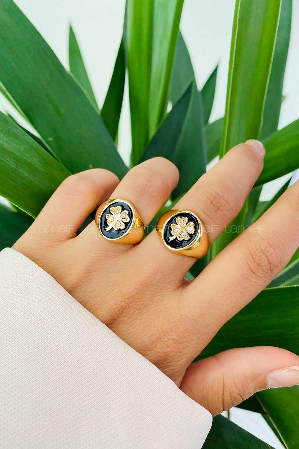 Modalamelif Siyah Mineli Yonca Yüzük