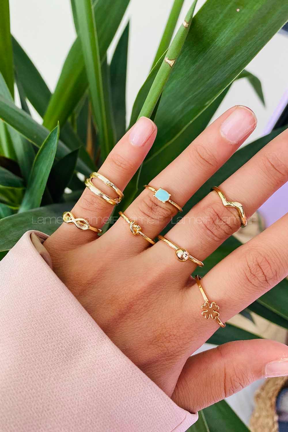 Modalamelif Su Yeşil Detay Gold 8li Eklem Yüzük