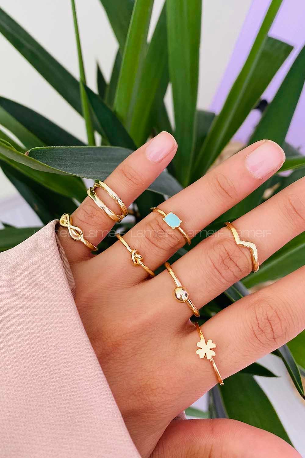 Modalamelif Su Yeşil Detay Gold 8li Eklem Yüzük