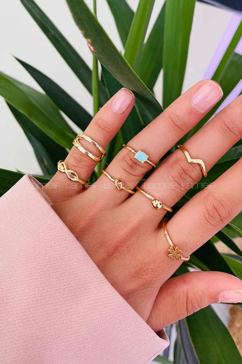 Modalamelif Su Yeşil Detay Gold 8li Eklem Yüzük