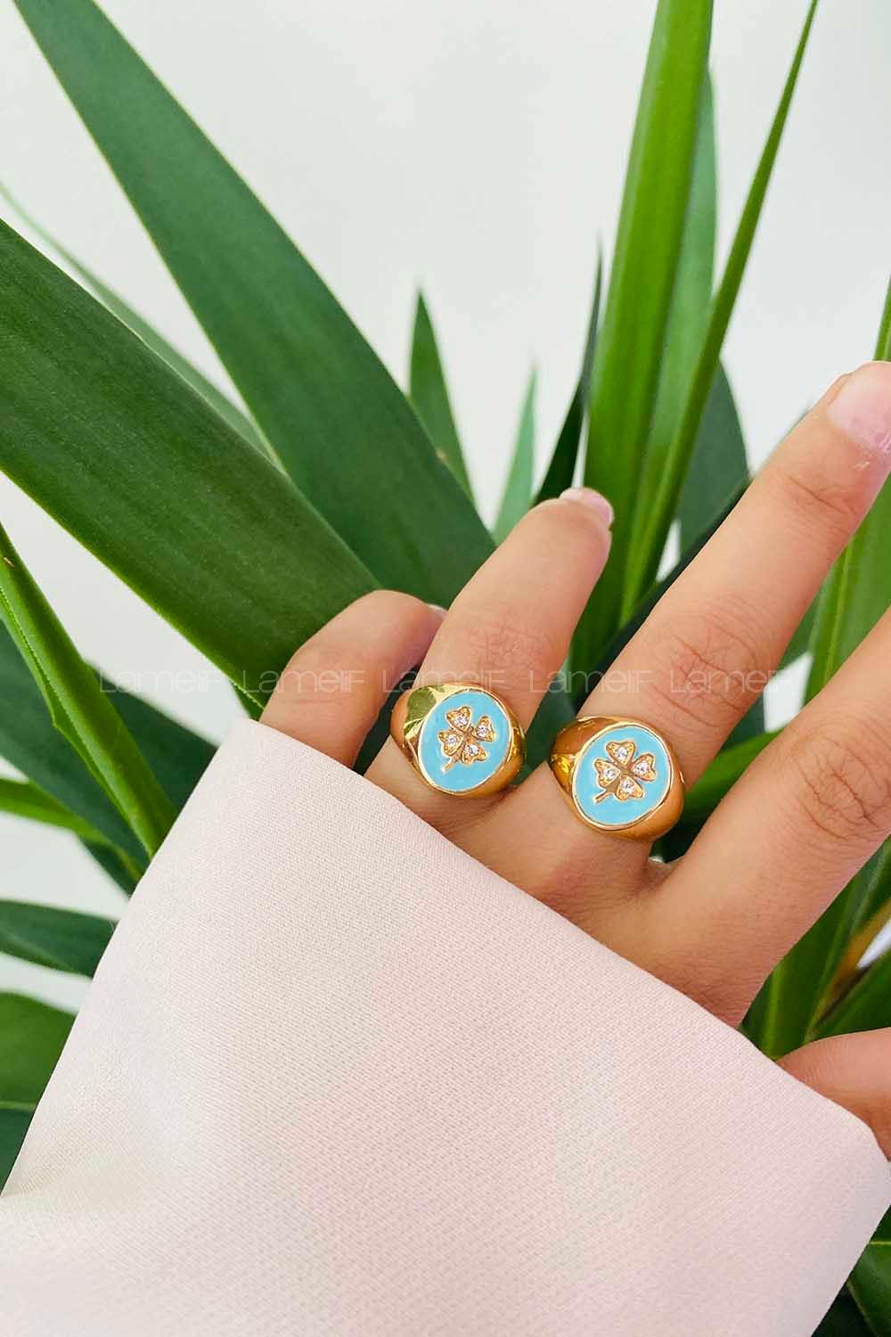 Modalamelif Su Yeşil Mineli Yonca Yüzük