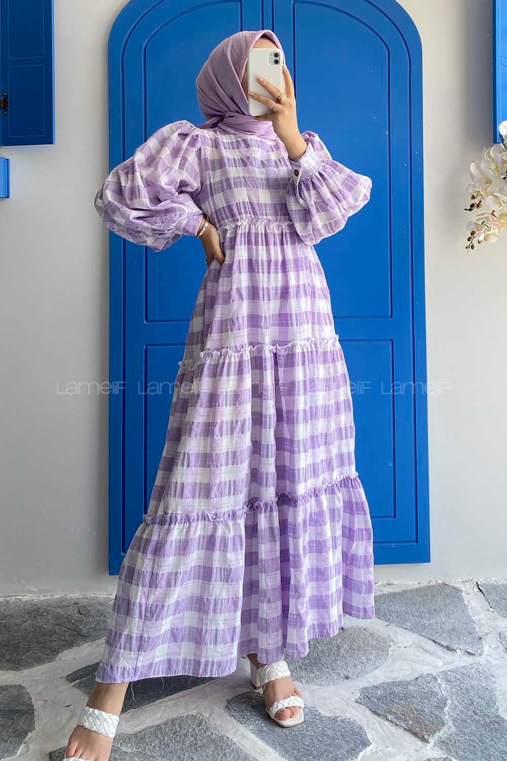Modalamelif Balon Kol Bel ve Eteği Fırfırlı Kareli Elbise Lila