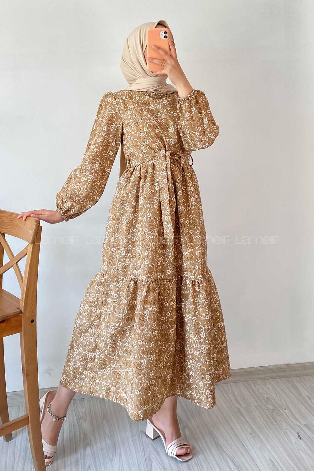 Modalamelif Beli Kuşak Detaylı Çiçek Desen Elbise Camel