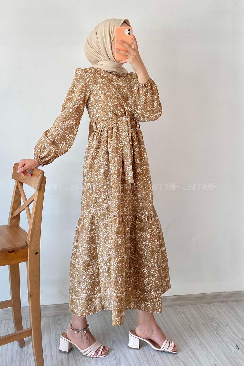 Modalamelif Beli Kuşak Detaylı Çiçek Desen Elbise Camel