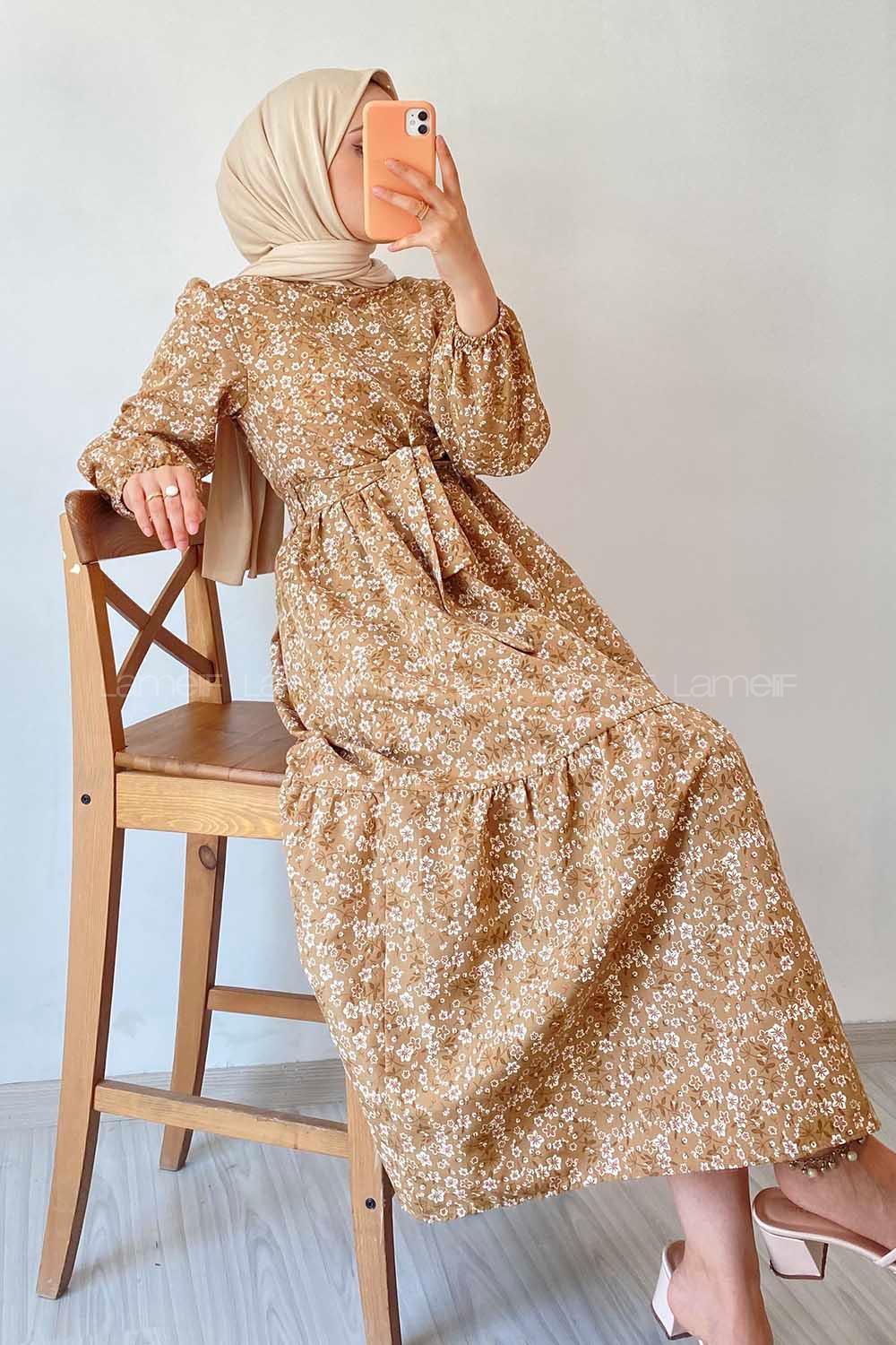 Modalamelif Beli Kuşak Detaylı Çiçek Desen Elbise Camel