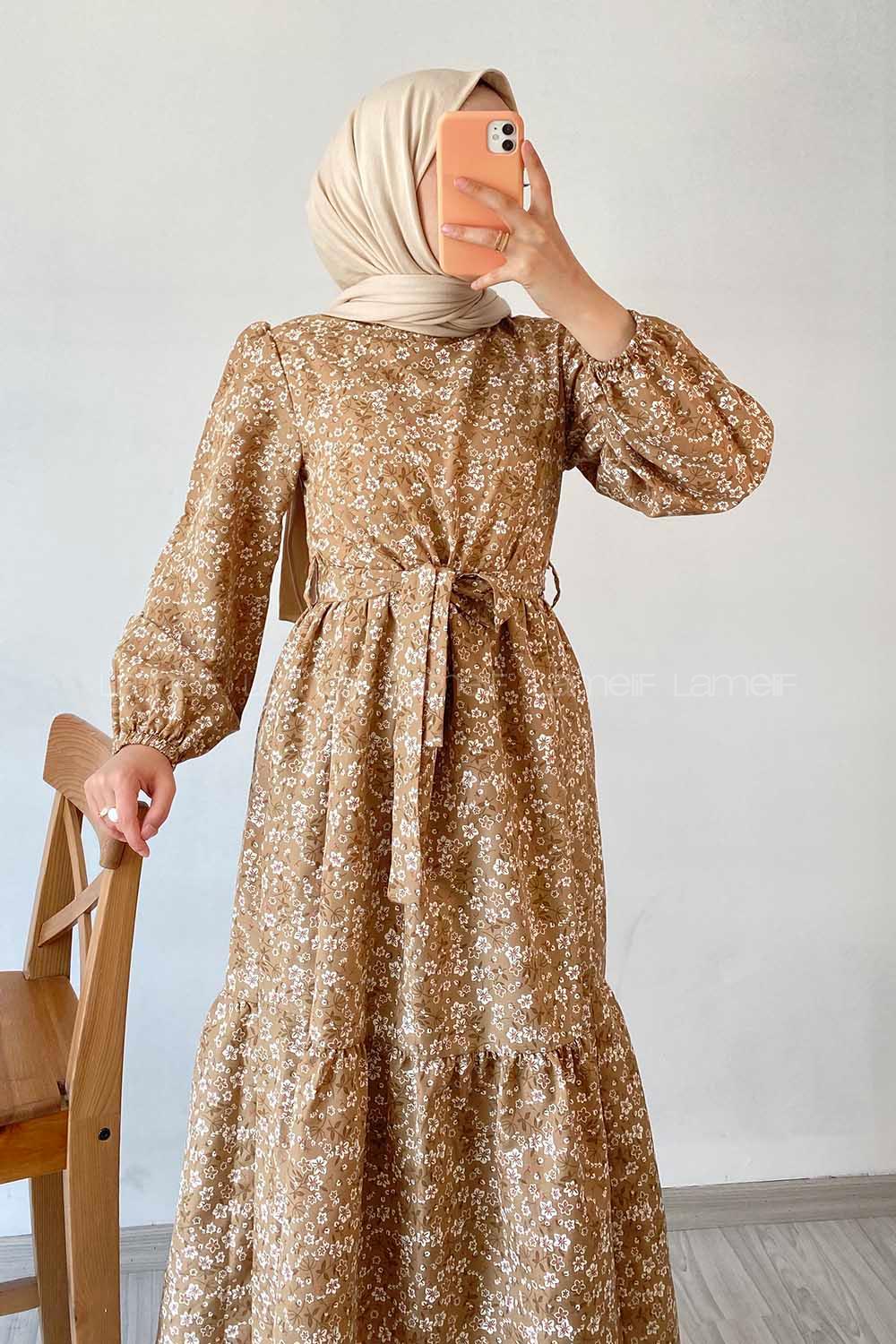 Modalamelif Beli Kuşak Detaylı Çiçek Desen Elbise Camel