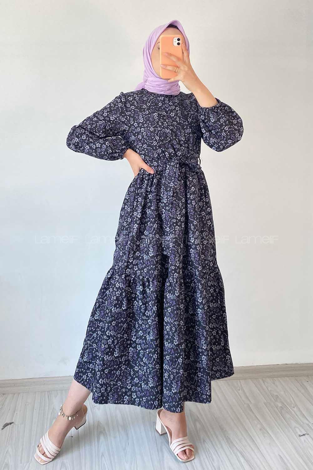 Modalamelif Beli Kuşak Detaylı Çiçek Desen Elbise Siyah