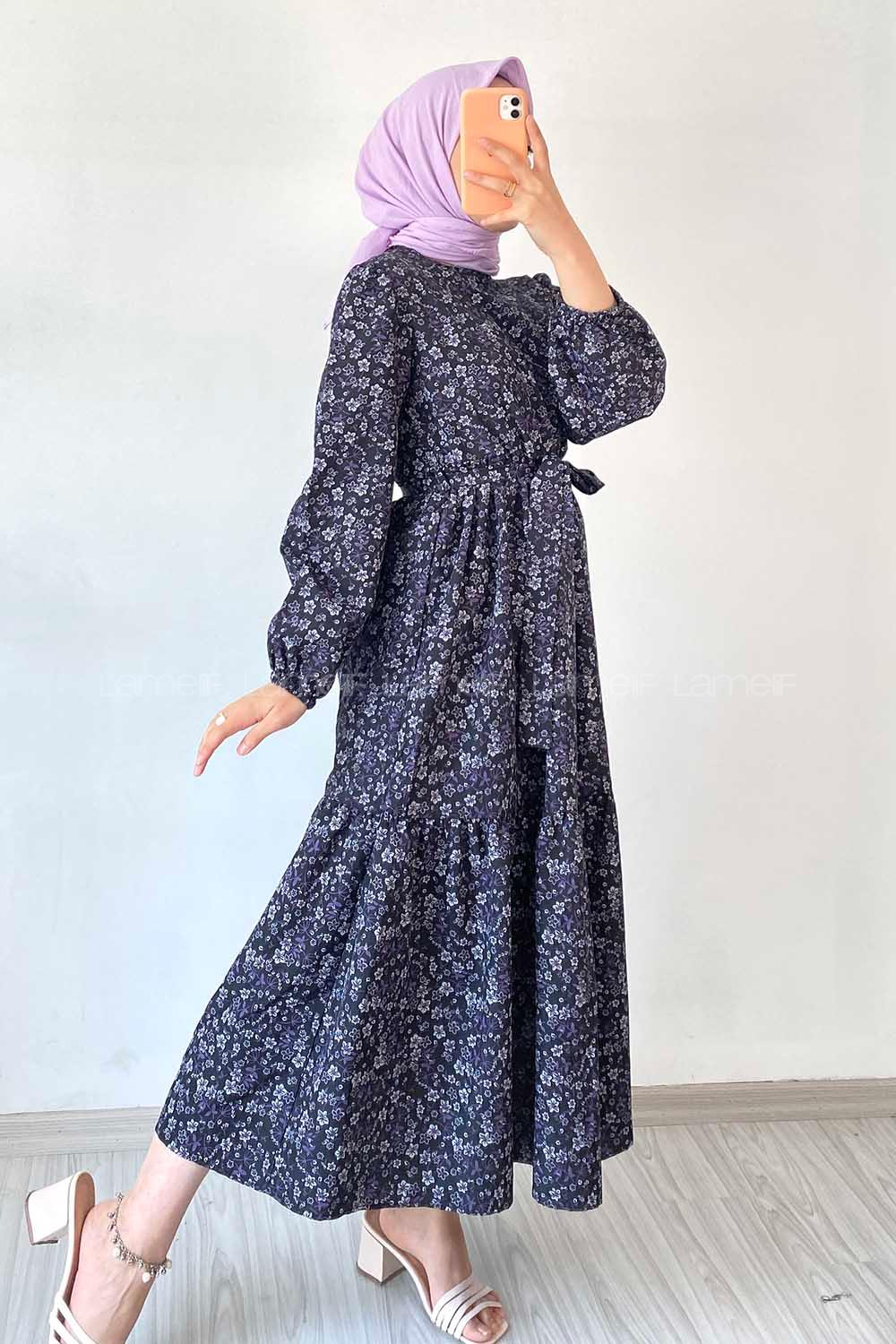 Modalamelif Beli Kuşak Detaylı Çiçek Desen Elbise Siyah