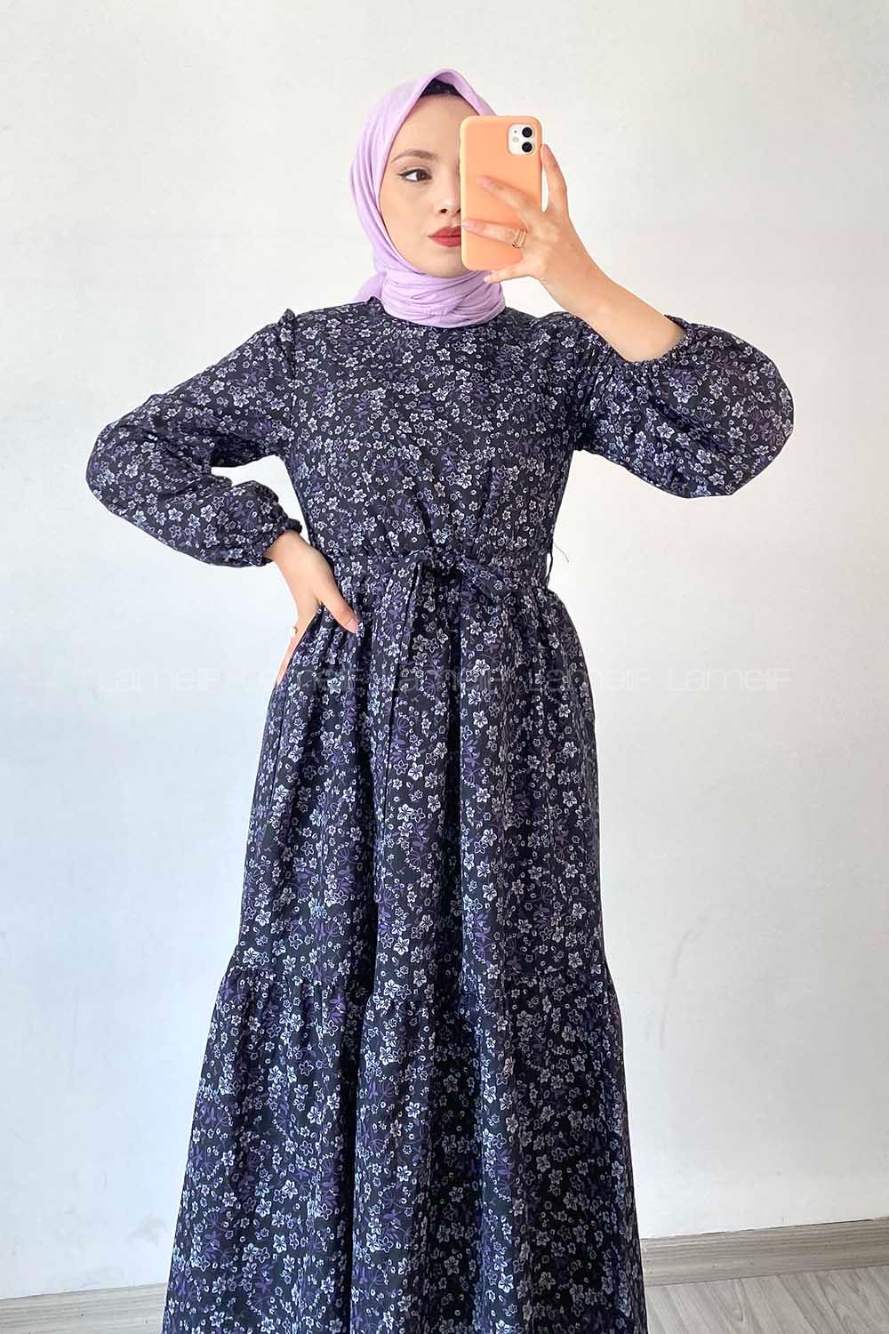 Modalamelif Beli Kuşak Detaylı Çiçek Desen Elbise Siyah