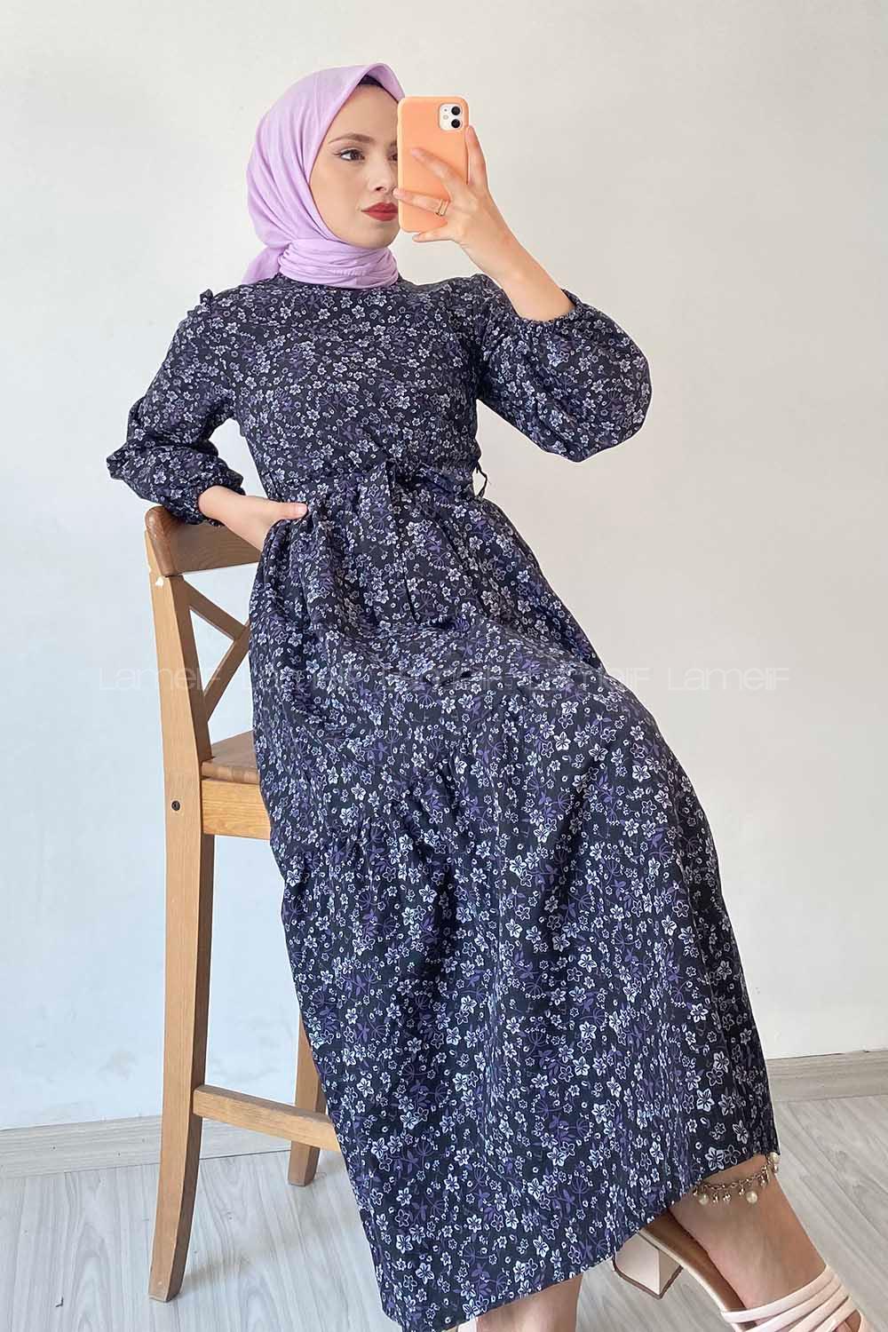 Modalamelif Beli Kuşak Detaylı Çiçek Desen Elbise Siyah